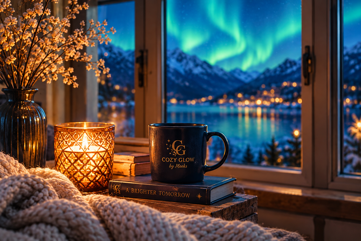 Cozy Glow candlelight beside an aurora-lit winter view